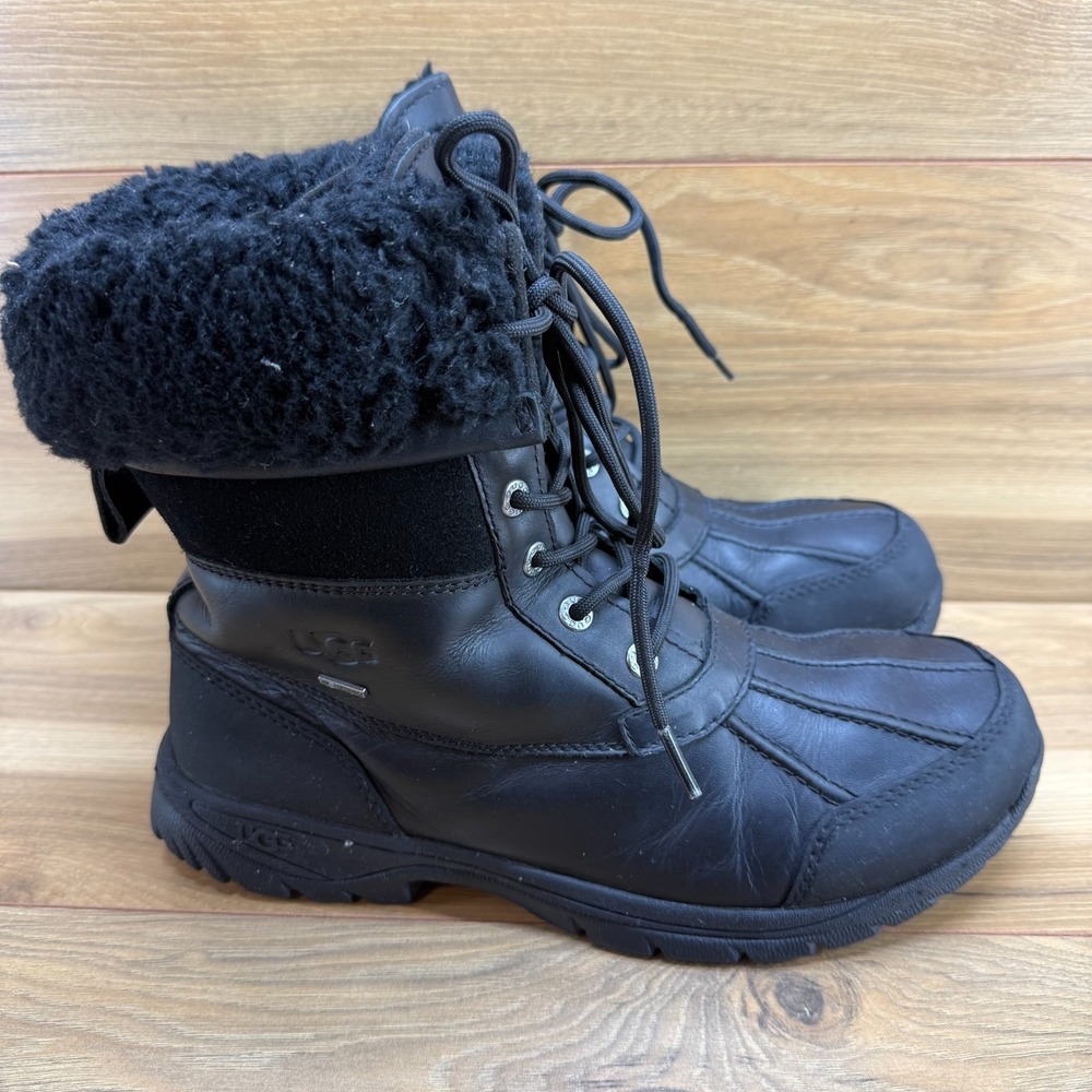 UGG Butte Mens Duck Snow Boot 9 Black Leather Waterproof Sherpa Shearling Vibram